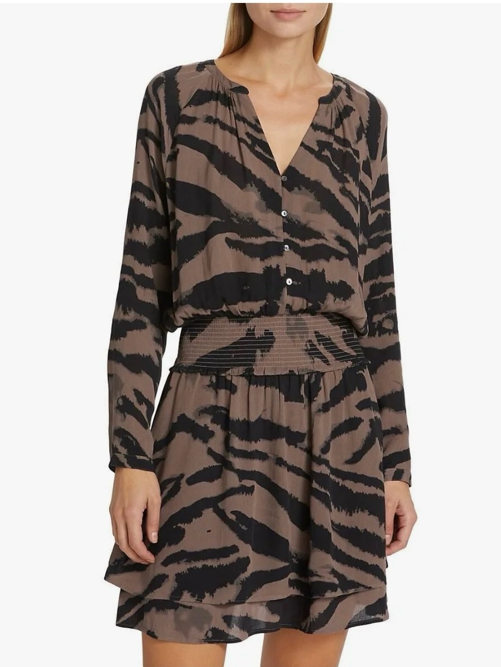 Rails Jasmin Tiger Stripe Smocked Waist Long Sleeve Dress Sz XS